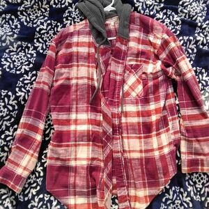 Maurices Red and Gray Plaid Kids Button Down Shirt with Hood